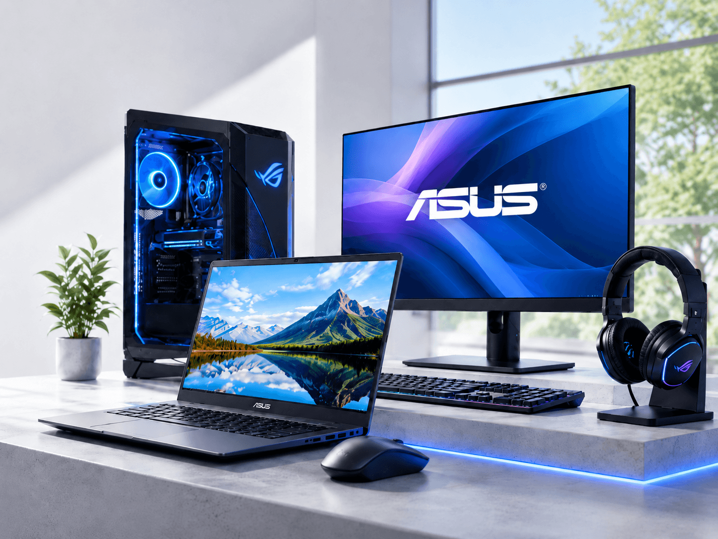 ASUS Elektronik-Setup mit Laptop, Monitor und Zubehör